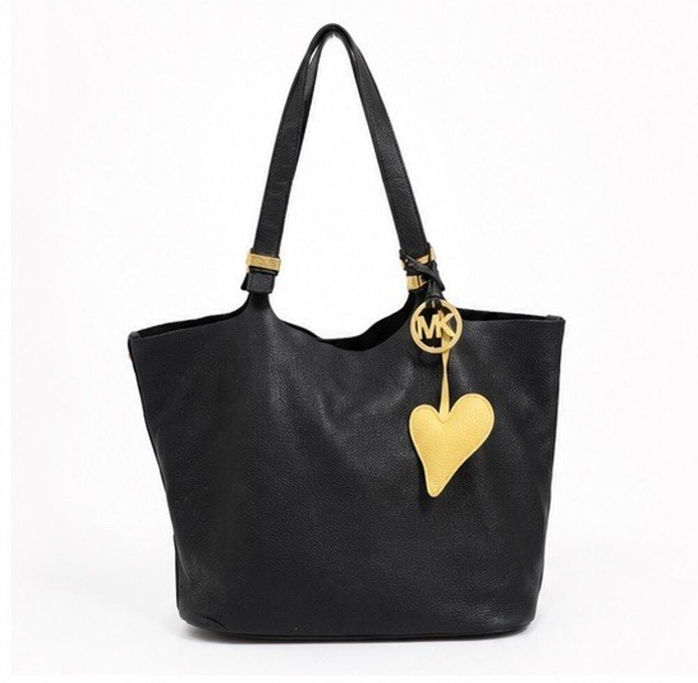 Michael Kors Black Pebbled Leather Tote Shoulder Bag Gold MK Charm & Heart Charm